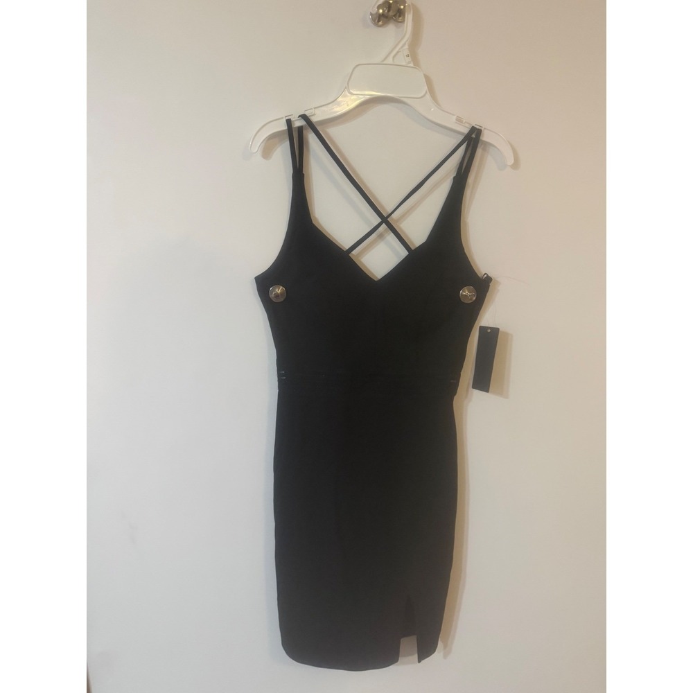 City Studio Black Strappy Back Bodycon Mini Dress V-Neck Slit NWT Size 1